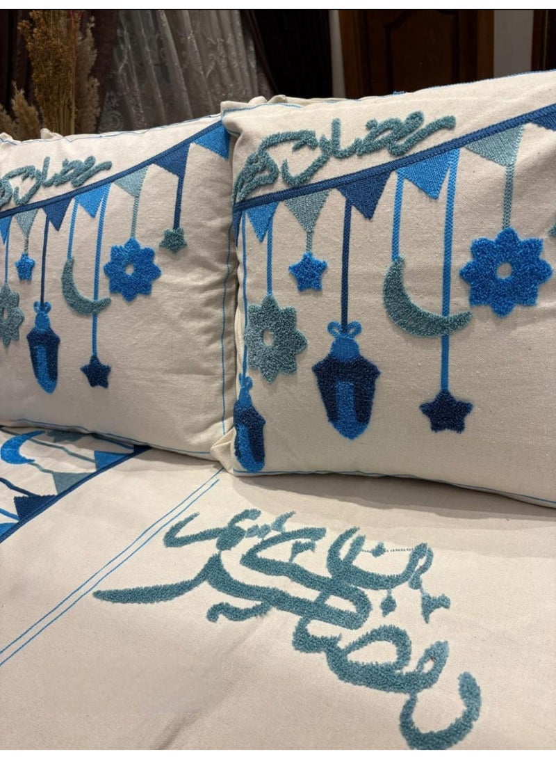 Ramadan Decor Set - Premium Cotton Duck with Festive Embroidery - Includes Runner (140×42 cm) & 2 Cushion Covers (42×42 cm)